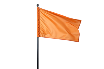 Bright orange warning flag on pole on transparent background