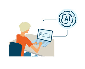 A girl with blond hair sits at a table and works on a laptop, communicating with artificial intelligence via prompts