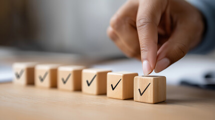 Progress Check Mark on Wooden Loading Bar in Office Setting