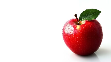 Fresh Red Apple with Water Droplets and Green Leaf on White Background