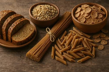 Keuken foto achterwand Variety of Whole Grain Foods Bread, Pasta, and Cereals © Ali