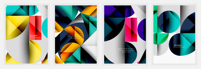 Four vibrant geometric backgrounds. Designs feature overlapping shapes, gradients, bold colors. Modern aesthetic, suitable for digital projects or print media.