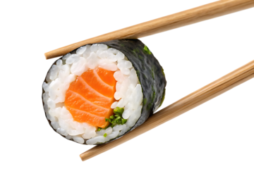 Salmon sushi roll with chopsticks, japanese cuisine on transparent background