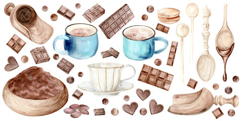 Large set. Cocoa mugs and chocolate and candy. Wooden spoons, savok and plate. Watercolor illustration hand drawn wooden food bowl in pastel colors.