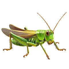 Detailed illustration of a vibrant green grasshopper against a stark black background