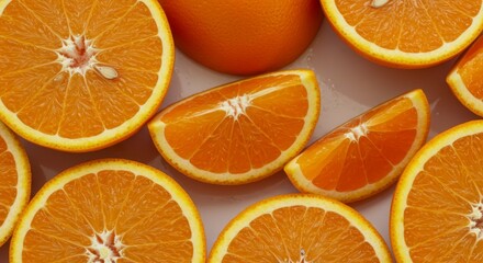 Juicy Orange Slices Background - Close-up shot of fresh orange slices on a pink background. Vibrant colors and textures