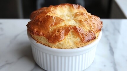 Golden, savory souffl? in small white dish