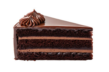 Delicious chocolate cake slice with cream layers on transparent background
