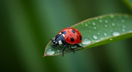Naklejka premium Ladybug on Dew-Covered Leaf - A vibrant ladybug rests on a lush green leaf glistening with morning dew. Perfect for nature, insect, or spring themes