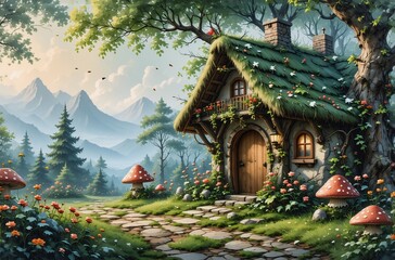 Fototapeta premium A charming stone cottage with a moss-covered roof sits nestled in a vibrant forest clearing, overlooking majestic mountains. Sunlight streams through the trees, illuminating a picturesque path leadin