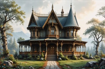 Fototapeta premium A majestic Victorian-style mansion, nestled amidst lush greenery and mountains, showcases intricate woodwork and a wraparound porch. The scene evokes a sense of peace and tranquility.