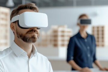 Architects using vr headsets exploring virtual model of building