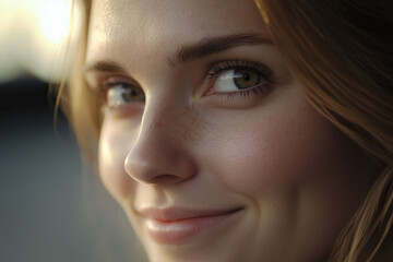 Fototapeta premium Beautiful free relaxed and happy woman close up detail portrait smiling enjoying moment.