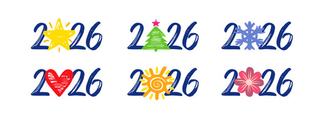 Happy New Year 2026 with abstract festive illustrations. Set of 2026 seasonal events advertising graphic concepts. Season's greetings. Handwritten style icons. Congratulations design. Internet banner.
