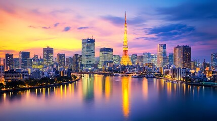 Fototapeta premium Calm reflections of tokyo sunset skyline high resolution picture