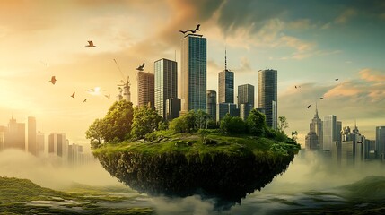 Naklejka premium Calm waters reflect floating city island with gleaming skyscrapers high resolution picture