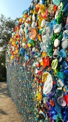 Fototapeta premium A vibrantly colorful mosaic wall created from used plastic waste