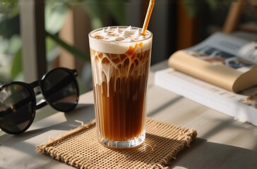 Refreshing iced coffee drink with creamy topping, served in a tall glass with a straw.  Sunlight streams in, illuminating the beverage on a rustic coaster. Sunglasses rest nearby.