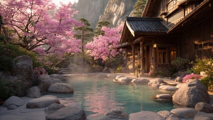 Fototapeta premium Sakura Season at a Japanese Onsen
