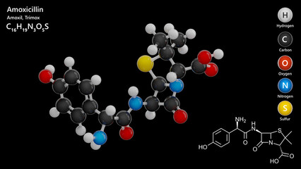 Amoxicillin molecule. Antibiotic. Molecular structure. Formula: C16H19N3O5S. Chemical model: Ball and stick. Black background. 3D illustration.