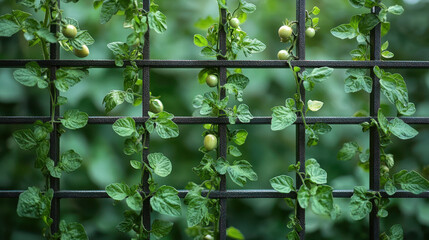 Small tomatoes ripening on a rooftop trellis amidst greenery in an urban setting showcasing minimalist farming techniques