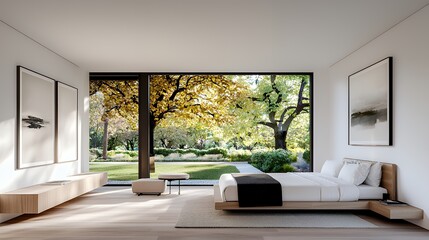 Fototapeta premium Modern bedroom with garden view