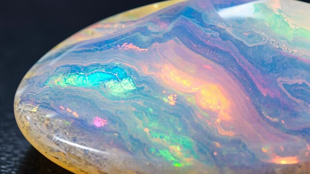 Captivating iridescent dance of vibrant colors across a shimmering opal surface highlighting natural beauty and intricate patterns