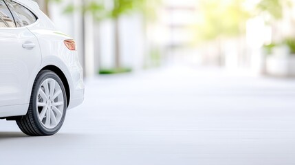 White car parked on a city street, soft focus, daylight