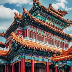 Fototapeta premium Chinese temple with vibrant architecture beneath bright blue sky image
