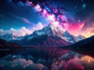 Surreal Starry Night Lake & Snow-Capped Mountains - Calm Reflection, Celestial Landscape, Fantasy Photography