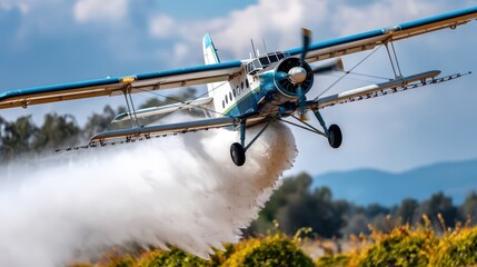 Plane flies over fields, spraying pesticide to control mosquitoes