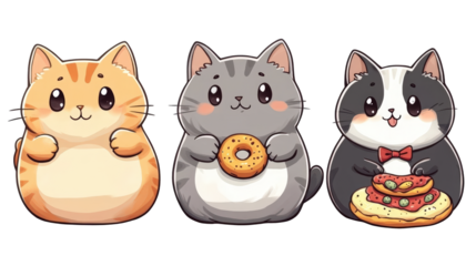 Three adorable cartoon cats with unique features holding snacks in a playful setting