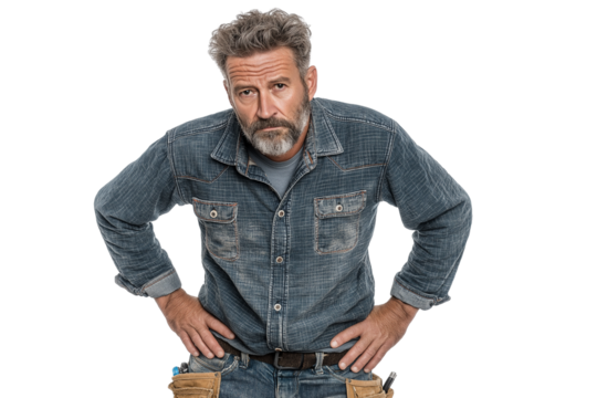 craftsman with serious expression wearing denim shirt stands with his hands on his hips isolated on transparent white background