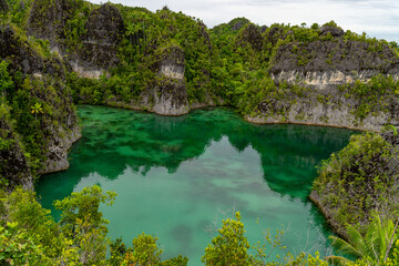 Limestone cove filled with vivid green water and lush cliff walls