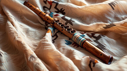 Obraz premium Native American flute, over soft sand-colored fabric, ethnic calm composition