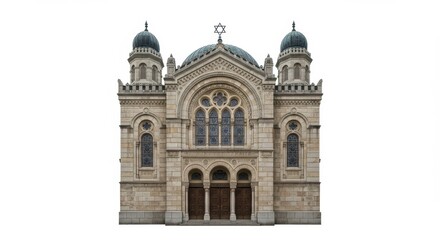 Fototapeta premium Magnificent traditional synagogue against a bright white backdrop, architectural masterpiece
