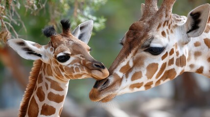 Naklejka premium Closeup of playful giraffe calf bonding with loving parent in nature