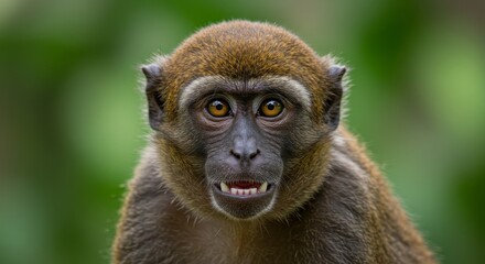 Obraz premium Monkey Portrait Close Up - Close-up portrait of a monkey with a curious expression, showing its teeth. Green blurred background
