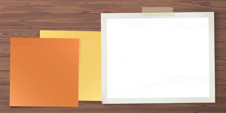 Blank old photograph paper horizontal frames and blank sticky papers stick on cut timber panels background graphic illustration have blank space.