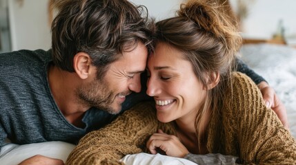 Happy couple enjoying intimate moments together in cozy setting