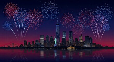 New York Skyline Fireworks Celebration at Night