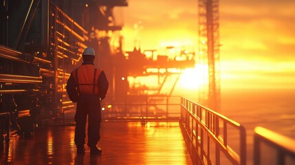 Oil rig worker reflects at sunset over the ocean while on offshore platform during evening shift