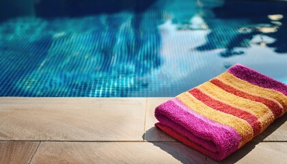 colorful beach towel rests by sparkling pool, inviting relaxation 