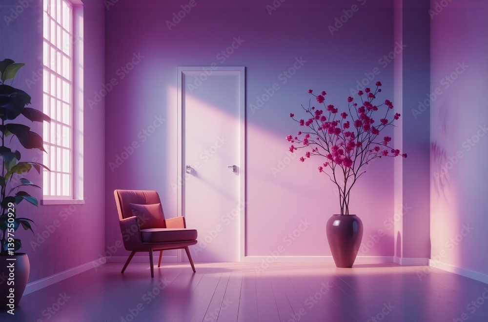 Poster serene room bathed in soft purple light. sunlight streams through a window, illuminating a comfortab