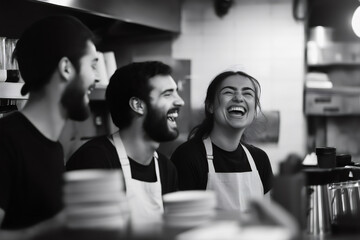 Three baristas wearing aprons are laughing together behind the counter of their coffee shop