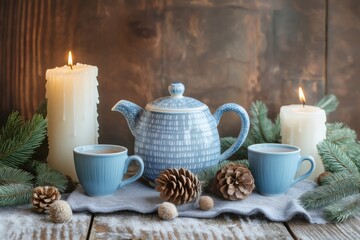 Cozy Christmas still life with blue ceramic teapot and mugs, burning candles and pine branches creating a warm and festive atmosphere