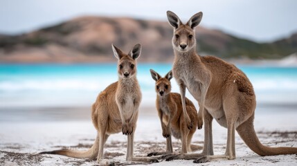Kangaroo family exploring the beautiful beach at Lucky Bay, Esperance