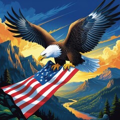 Fototapeta premium Eagle Soaring with Flag Design