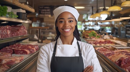 Smiling butcher shop owner.