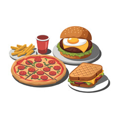 Cartoon Fast Food Collection with Burgers, Pizza, Sandwiches, Fries, and Soda